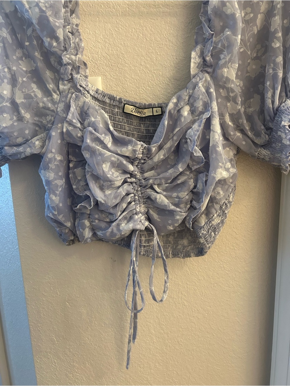 2bella Lavender Floral Drawstring Crop Blouse